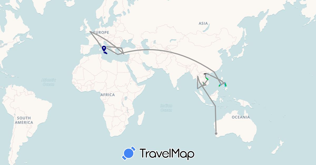 TravelMap itinerary: driving, bus, plane, boat, motorbike in Australia, United Kingdom, Greece, Hong Kong, Indonesia, Italy, Cambodia, Philippines, Thailand, Turkey, Vietnam (Asia, Europe, Oceania)